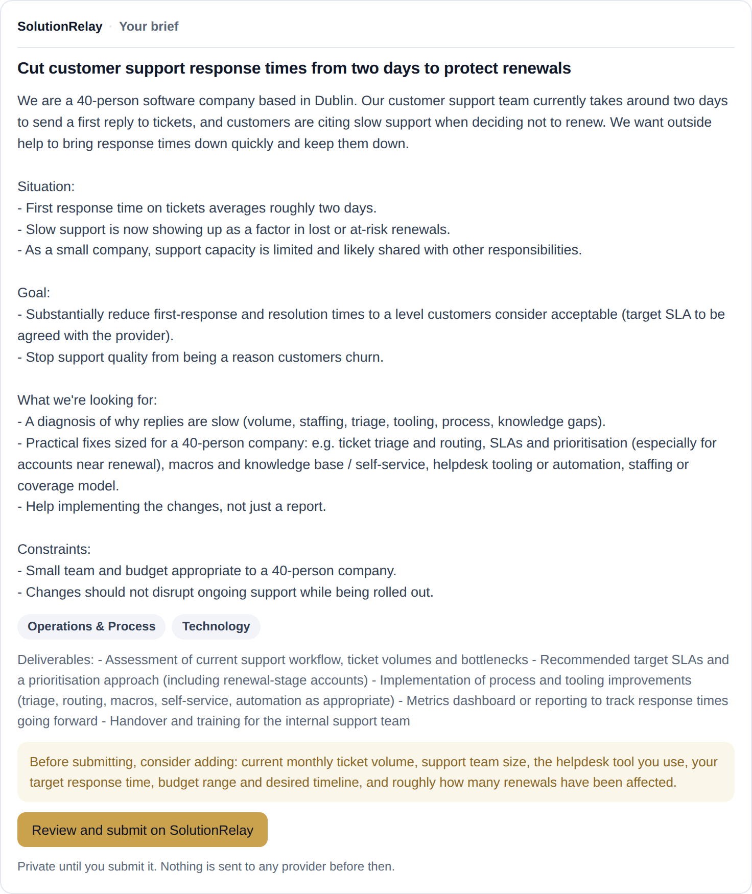 Example: the SolutionRelay brief card in Claude, "Cut customer support response times from two days to protect renewals", with the situation, goal, scope and constraints, suggested details to add, and a button to review and submit on SolutionRelay.