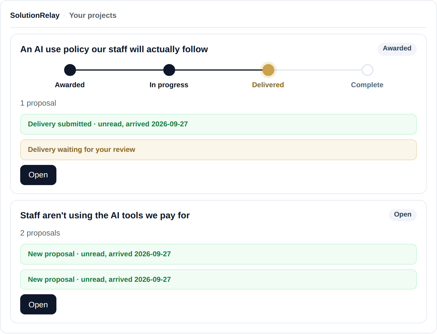 Example: the SolutionRelay card in Claude listing three projects. The AI use policy project shows its stages with Delivered current and a delivery waiting for review; the AI tools project has two unread proposals; the customer support brief is pending review.
