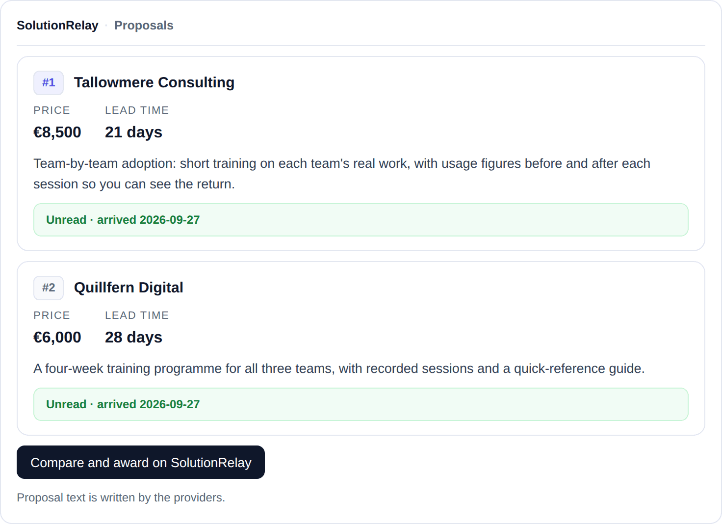 Example: the SolutionRelay proposals card in Claude. #1 Tallowmere Consulting, €8,500, 21 days; #2 Quillfern Digital, €6,000, 28 days; both unread, with a button to compare and award on SolutionRelay.
